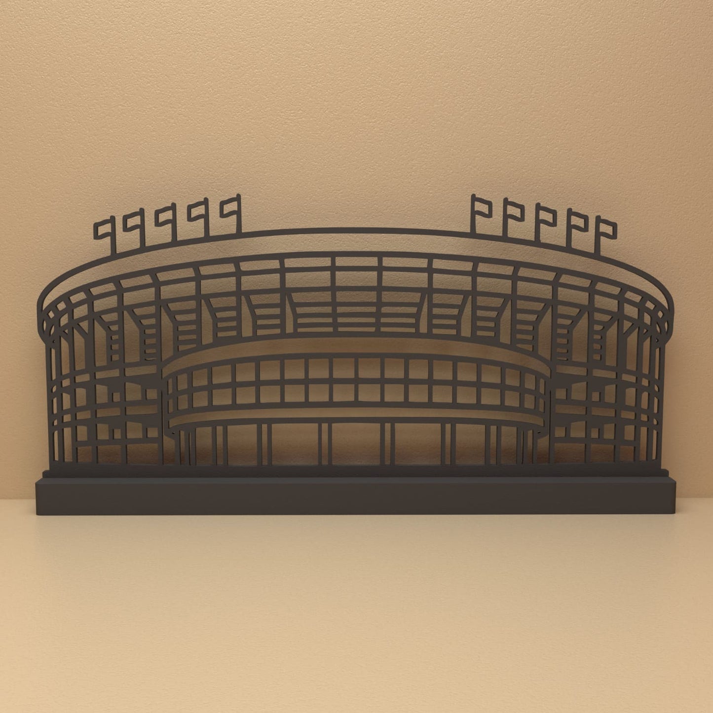 Camp Nou silhouet in zwart staal – minimalistisch design voor fans en liefhebbers