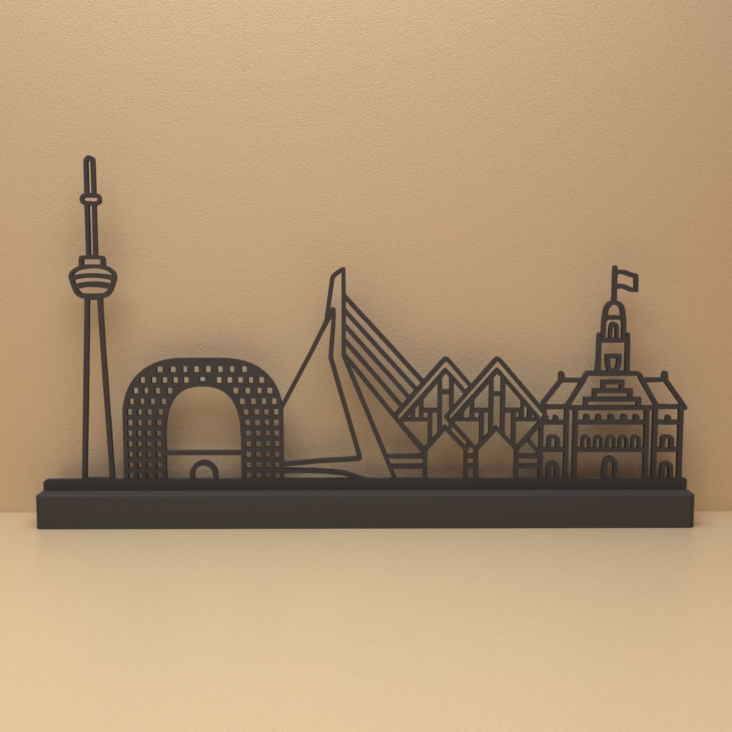 Rotterdam silhouet met Euromast, Markthal, Erasmusbrug, Kubuswoningen en Stadhuis – minimalistisch design voor fans en liefhebbers
