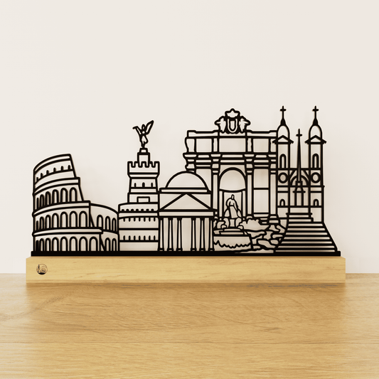Minimalistisch Rome silhouet van zwart staal op een eikenhouten voetstuk.