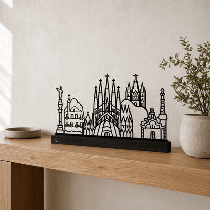 Het stalen silhouet van de monumenten van Barcelona in een modern interieur.