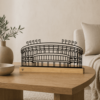 Luxe FC Barcelona stadion decoratie als minimalistisch interieurstuk in een moderne woonkamer.
