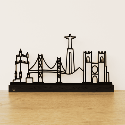Minimalistisch Lissabon silhouet van zwart staal op een matzwart eikenhouten voetstuk.