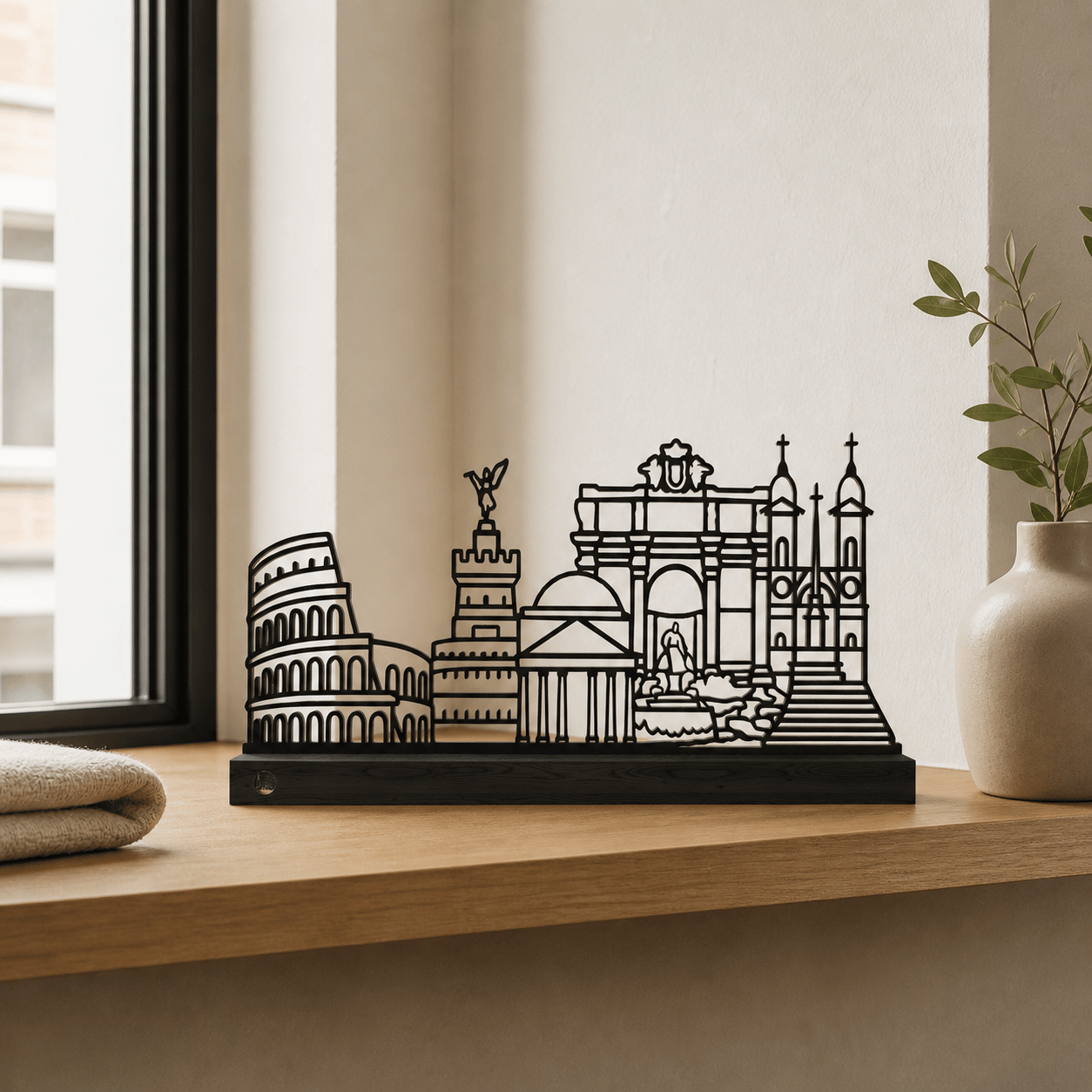 Het stalen silhouet van de monumenten van Rome op een zwart eikenhouten voetstuk.