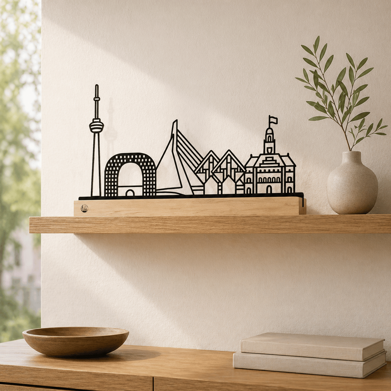 Luxe Rotterdam skyline decoratie als minimalistisch interieurstuk in een industrieel interieur.